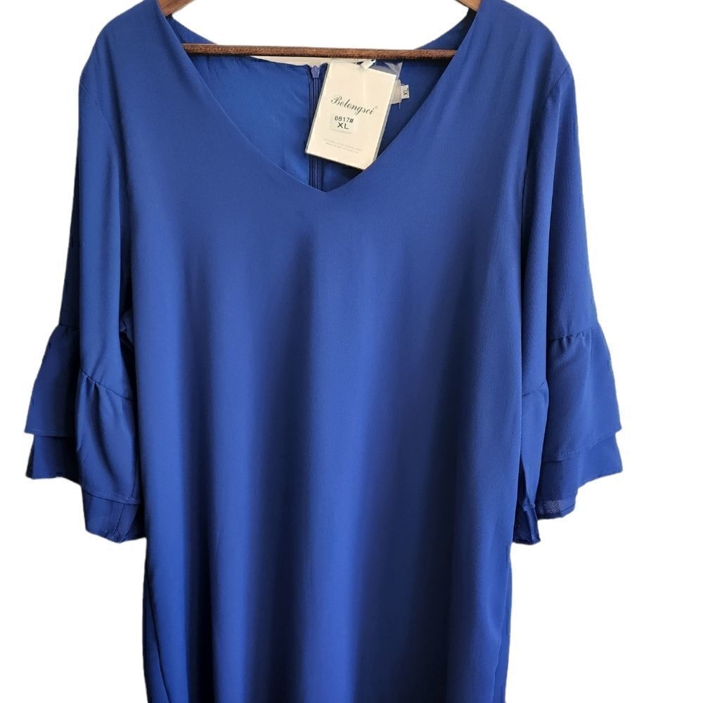 BELONGSCI Blue V-Neck Bell Sleeve Shift Dress Size XL